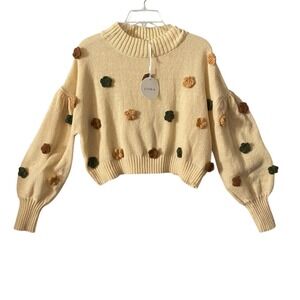 Storia Anthropologie Cream Knit Sweater Flower Applique Balloon Sleeve Women Sm